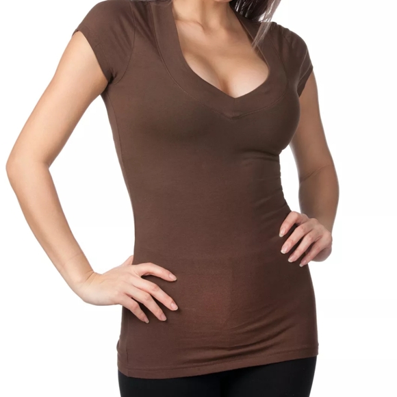 Sexy brown v-neck short sleeve lowcut shirt top - Picture 2 of 2